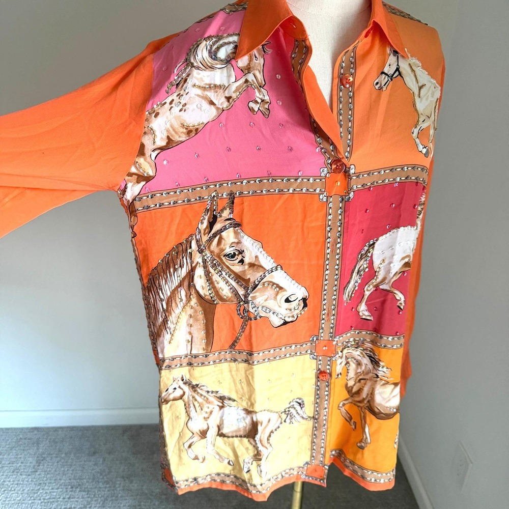 Vintage Diane Gilman Silk Equestrian‎ Horse Bling Blouse Medium Maximal Colorful - Picture 2 of 10
